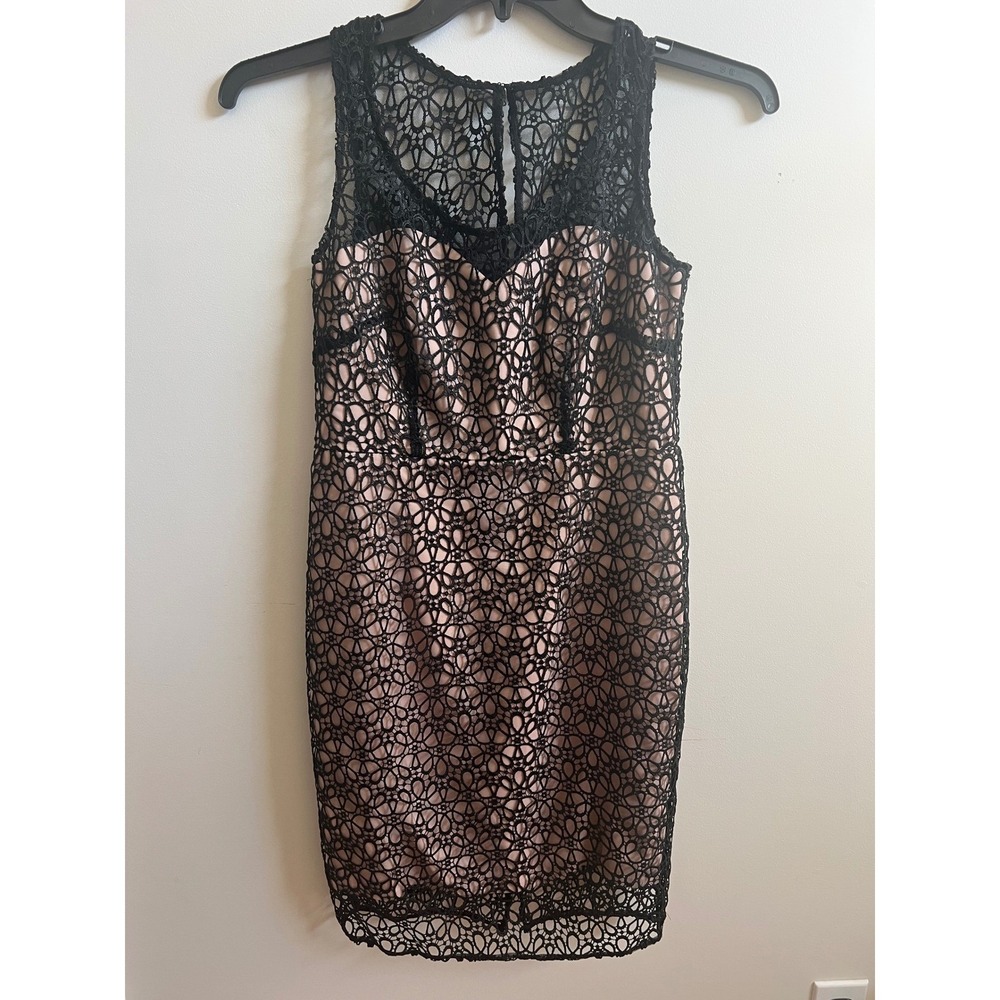 Ann Taylor 4 Petite Black Nude Eyelet  Embroidered Overlay‎ Sheath Formal Dress